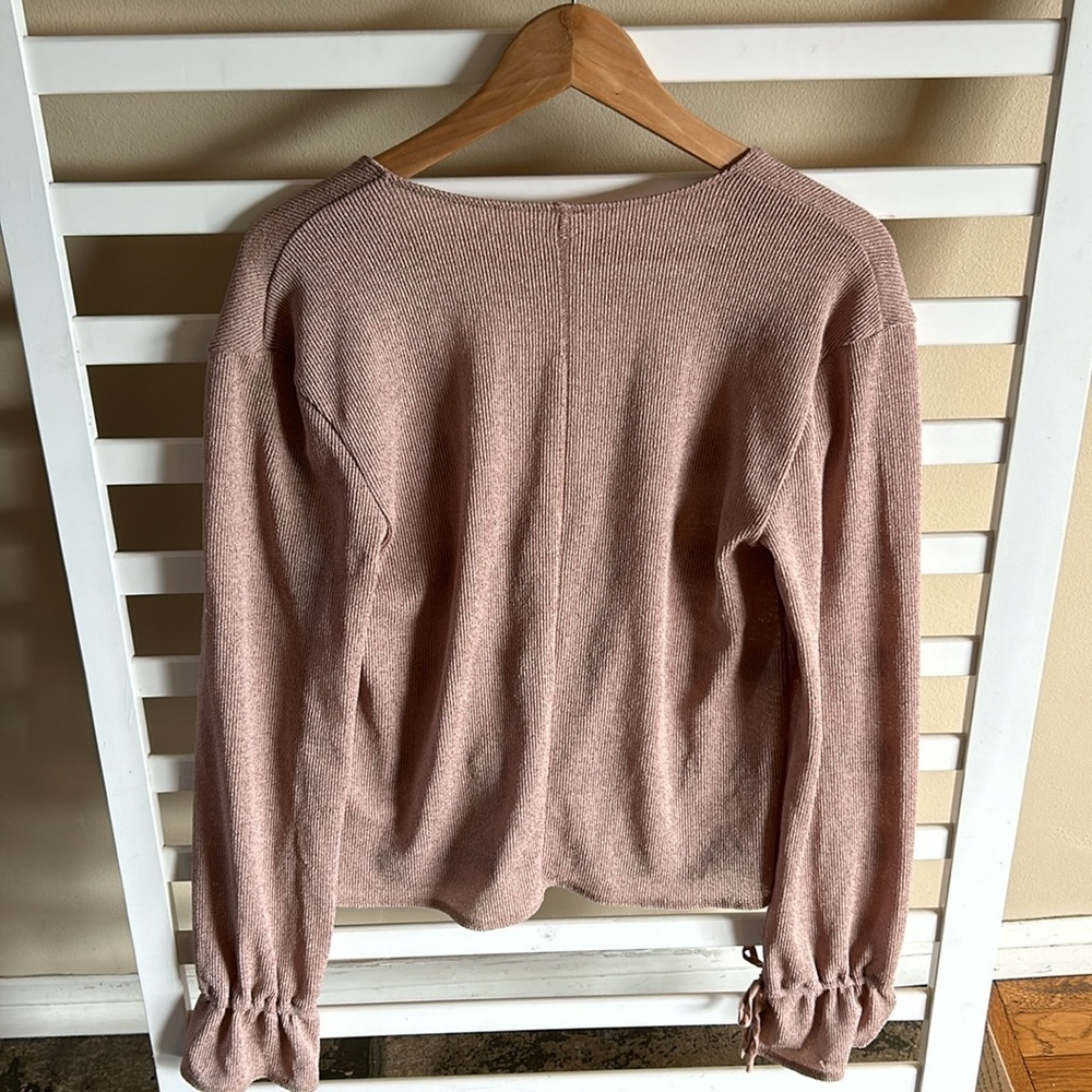 Free People Double Tie Front Rib Knit Long Sleeve Top Size Small in Taupe Cream - Picture 5 of 13